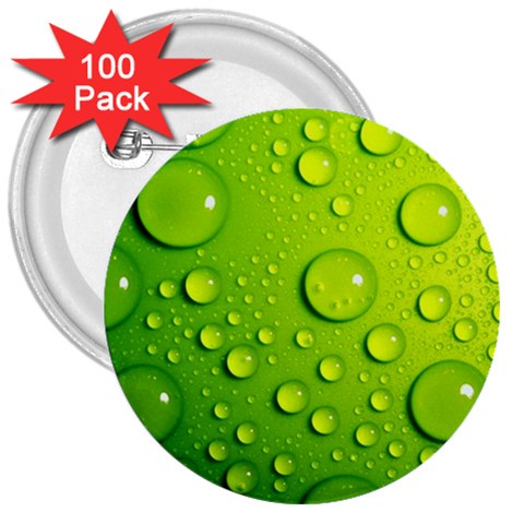 Green Water Drops 3  Button (100 pack) from ArtsNow.com Front