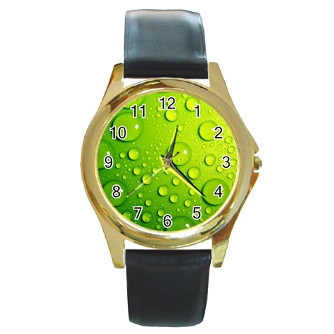 Green Water Drops Round Gold Metal Watch from ArtsNow.com Front