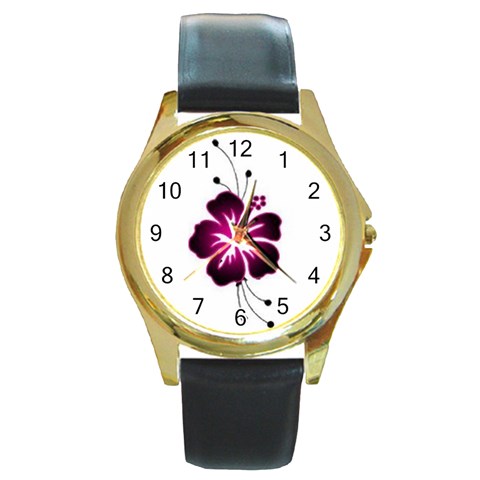 Pink Hawaiian Flower Round Gold Metal Watch from ArtsNow.com Front