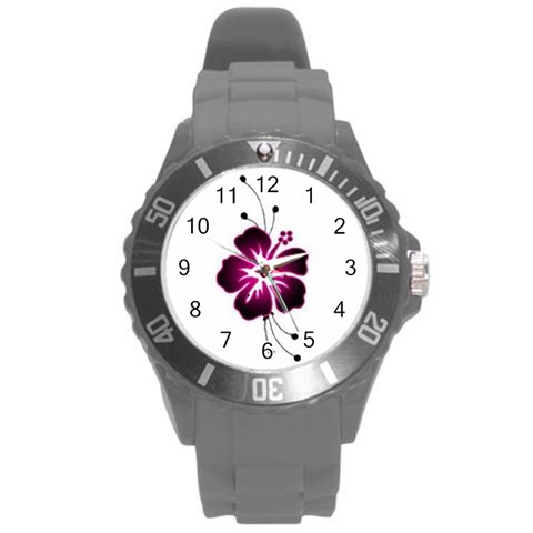Pink Hawaiian Flower Round Plastic Sport Watch (L) from ArtsNow.com Front