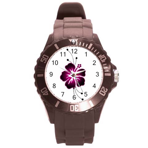 Pink Hawaiian Flower Round Plastic Sport Watch (L) from ArtsNow.com Front