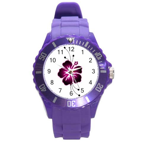 Pink Hawaiian Flower Round Plastic Sport Watch (L) from ArtsNow.com Front