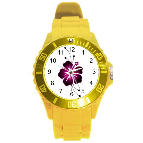 Pink Hawaiian Flower Round Plastic Sport Watch (L) from ArtsNow.com Front