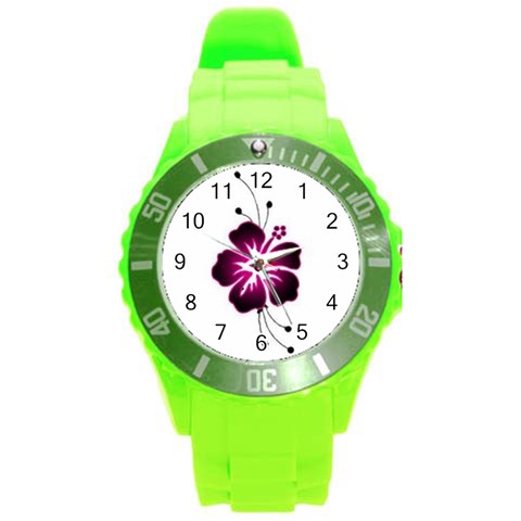 Pink Hawaiian Flower Round Plastic Sport Watch (L) from ArtsNow.com Front