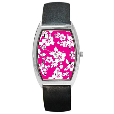 Pink Hawaiian Flowers Barrel Style Metal Watch from ArtsNow.com Front