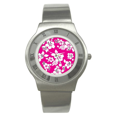 Pink Hawaiian Flowers Stainless Steel Watch from ArtsNow.com Front