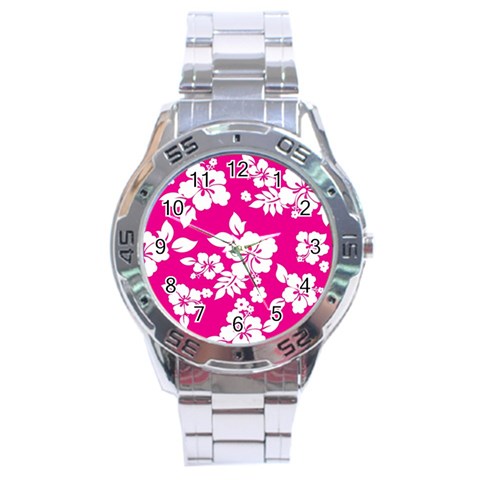 Pink Hawaiian Flowers Stainless Steel Analogue Watch from ArtsNow.com Front