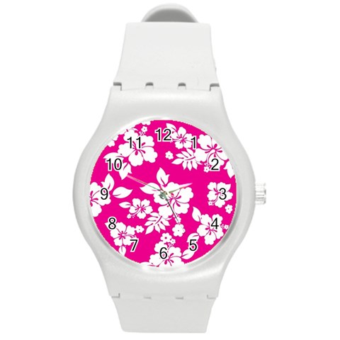 Pink Hawaiian Flowers Round Plastic Sport Watch (M) from ArtsNow.com Front