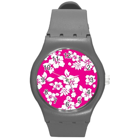 Pink Hawaiian Flowers Round Plastic Sport Watch (M) from ArtsNow.com Front