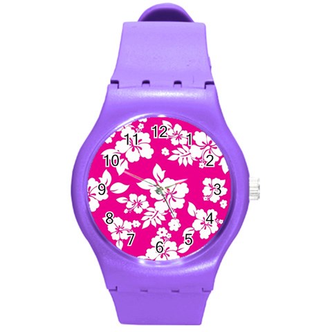 Pink Hawaiian Flowers Round Plastic Sport Watch (M) from ArtsNow.com Front