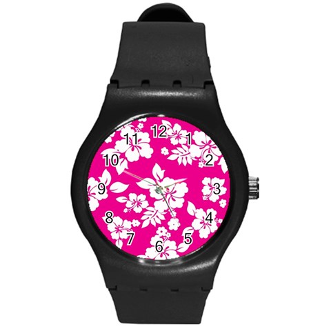 Pink Hawaiian Flowers Round Plastic Sport Watch (M) from ArtsNow.com Front