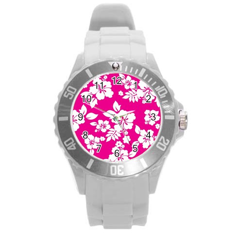 Pink Hawaiian Flowers Round Plastic Sport Watch (L) from ArtsNow.com Front