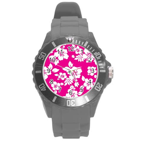 Pink Hawaiian Flowers Round Plastic Sport Watch (L) from ArtsNow.com Front