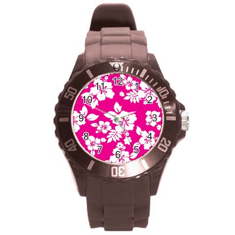 Pink Hawaiian Flowers Round Plastic Sport Watch (L) from ArtsNow.com Front