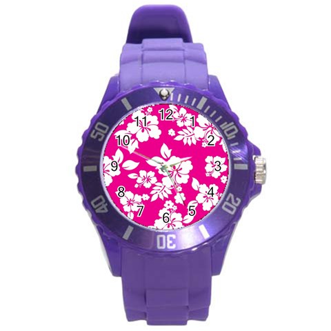 Pink Hawaiian Flowers Round Plastic Sport Watch (L) from ArtsNow.com Front