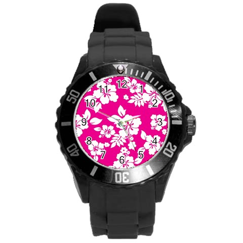 Pink Hawaiian Flowers Round Plastic Sport Watch (L) from ArtsNow.com Front