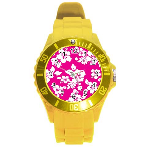 Pink Hawaiian Flowers Round Plastic Sport Watch (L) from ArtsNow.com Front