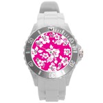 Pink Hawaiian Flowers Round Plastic Sport Watch (L)
