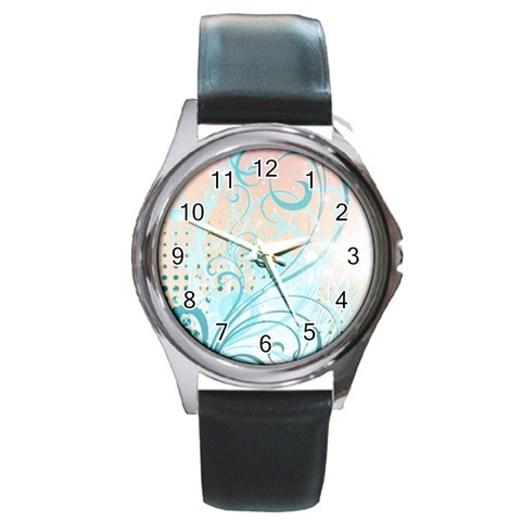 Pink Blue Pattern Round Metal Watch from ArtsNow.com Front
