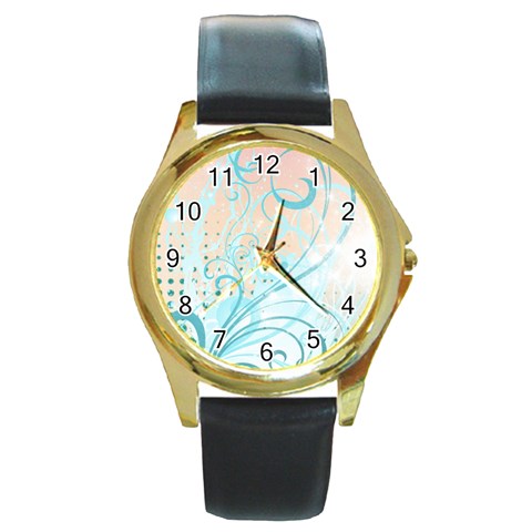 Pink Blue Pattern Round Gold Metal Watch from ArtsNow.com Front