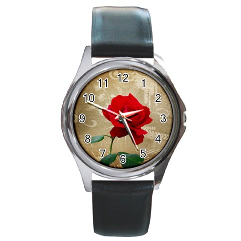 Red Rose Art Round Metal Watch from ArtsNow.com Front