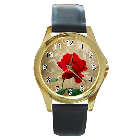 Red Rose Art Round Gold Metal Watch from ArtsNow.com Front