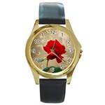 Red Rose Art Round Gold Metal Watch