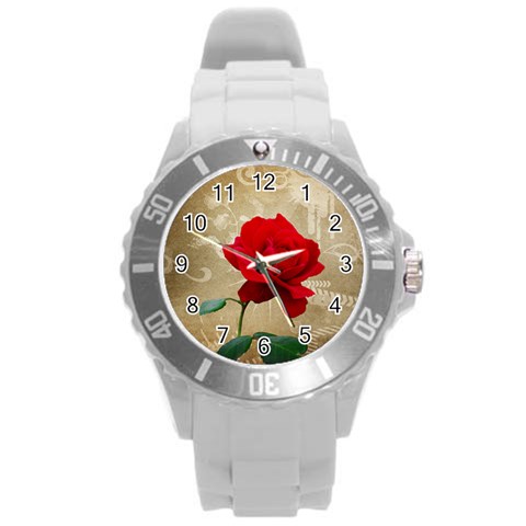 Red Rose Art Round Plastic Sport Watch (L) from ArtsNow.com Front