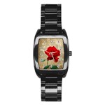 Red Rose Art Stainless Steel Barrel Watch