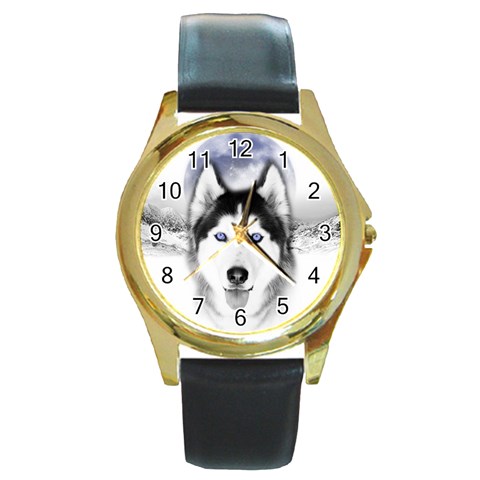 Wolf Moon Mountains Round Gold Metal Watch from ArtsNow.com Front