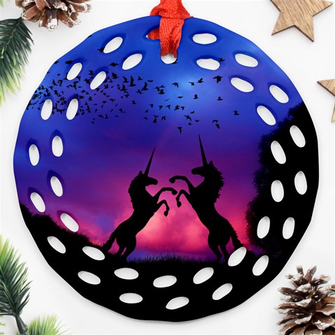 Unicorn Sunset Ornament (Round Filigree) from ArtsNow.com Front