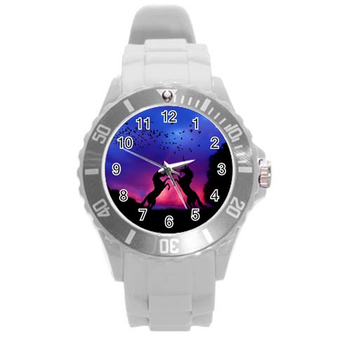 Unicorn Sunset Round Plastic Sport Watch (L) from ArtsNow.com Front