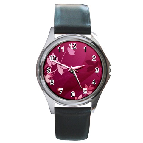 Pink Flower Art Round Metal Watch from ArtsNow.com Front