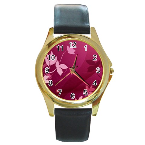 Pink Flower Art Round Gold Metal Watch from ArtsNow.com Front