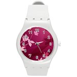 Pink Flower Art Round Plastic Sport Watch (M)