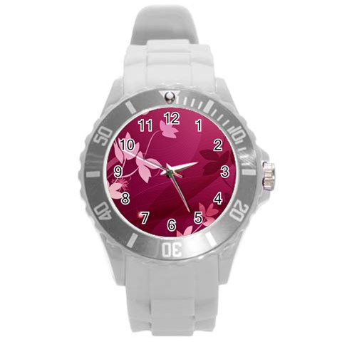 Pink Flower Art Round Plastic Sport Watch (L) from ArtsNow.com Front