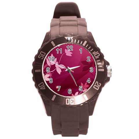Pink Flower Art Round Plastic Sport Watch (L) from ArtsNow.com Front