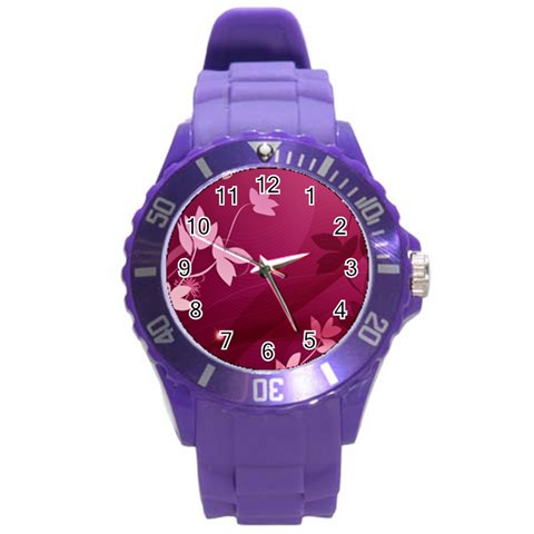 Pink Flower Art Round Plastic Sport Watch (L) from ArtsNow.com Front