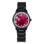 Pink Flower Art Stainless Steel Round Watch