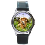 Puppy In Grass Round Metal Watch