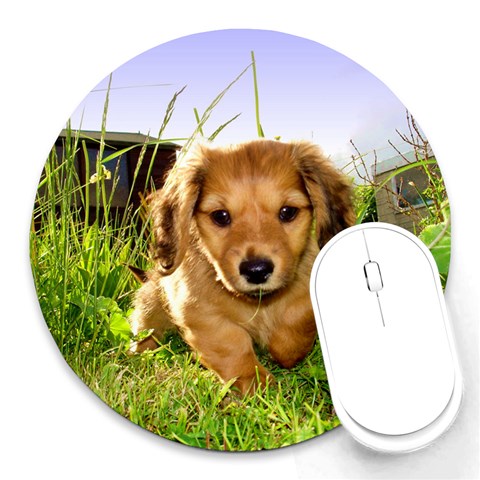 Puppy In Grass Round Mousepad from ArtsNow.com Front