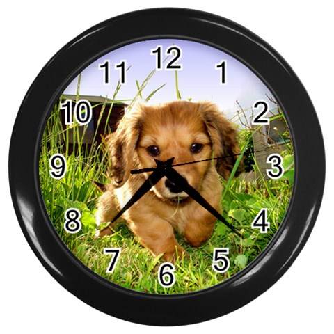 Puppy In Grass Wall Clock (Black) from ArtsNow.com Front