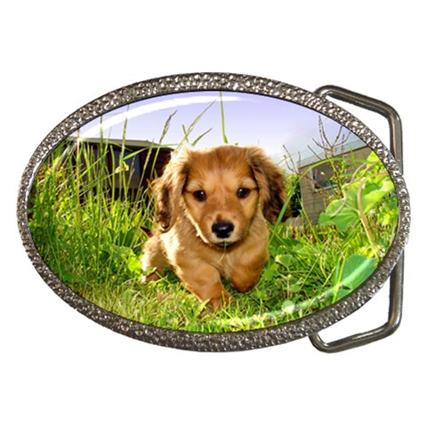 Puppy In Grass Belt Buckle from ArtsNow.com Front