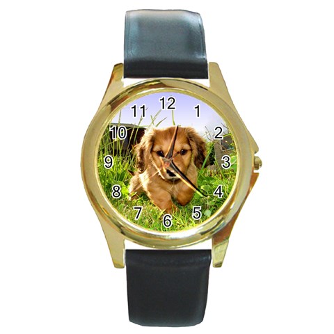 Puppy In Grass Round Gold Metal Watch from ArtsNow.com Front