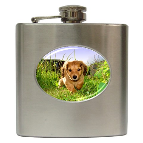 Puppy In Grass Hip Flask (6 oz) from ArtsNow.com Front