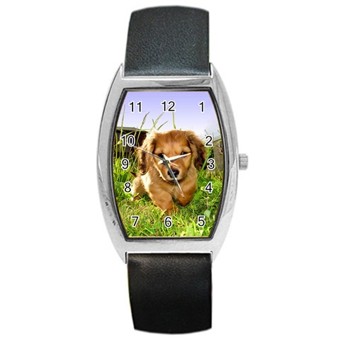 Puppy In Grass Barrel Style Metal Watch from ArtsNow.com Front