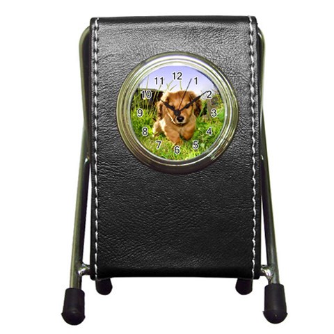 Puppy In Grass Pen Holder Desk Clock from ArtsNow.com Front