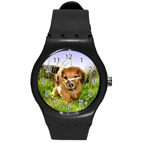 Puppy In Grass Round Plastic Sport Watch (M) from ArtsNow.com Front