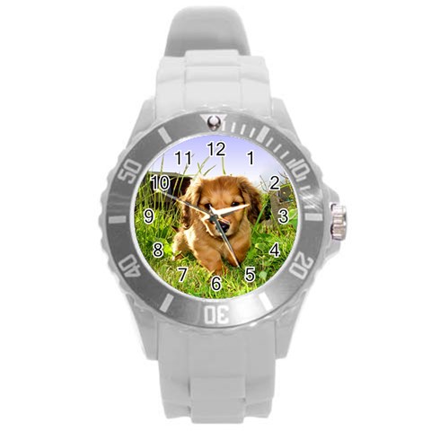 Puppy In Grass Round Plastic Sport Watch (L) from ArtsNow.com Front