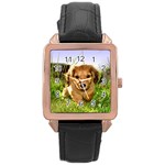 Puppy In Grass Rose Gold Leather Watch 